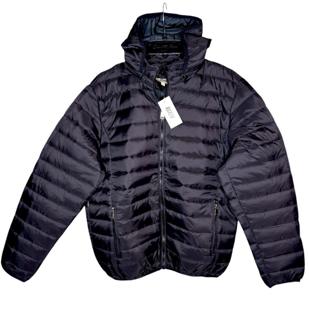 NEW RUXEN Black Puffer Jacket has Removable Hoodie, W/Pockets Size Women’s Large